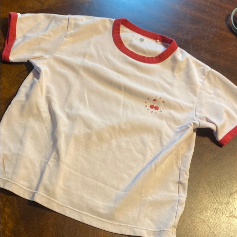 Uniqlo White Short-Sleeve Tee with Red Trim and Cherry Graphic